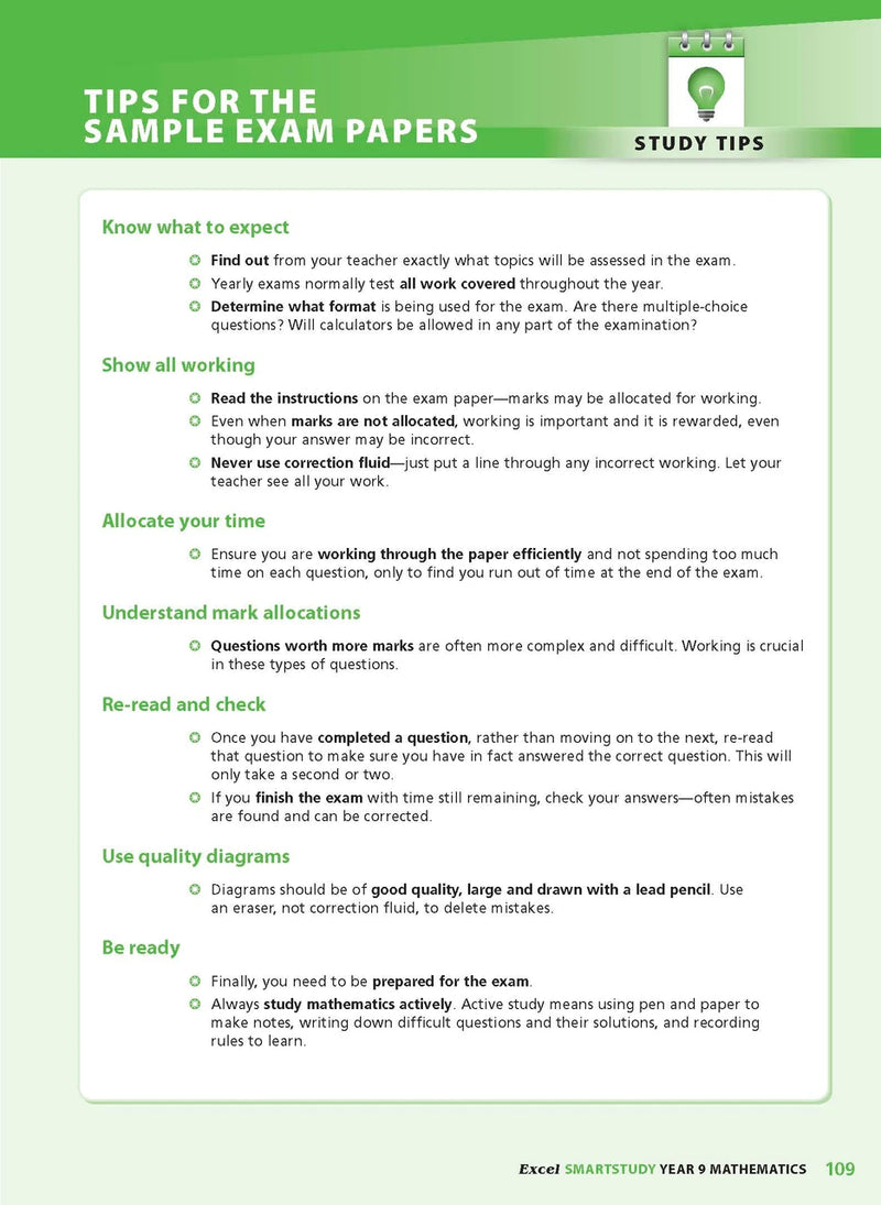 Sample interior page from the Excel SmartStudy Mathematics Year 9 workbook as shown in the Pascal Press gallery
