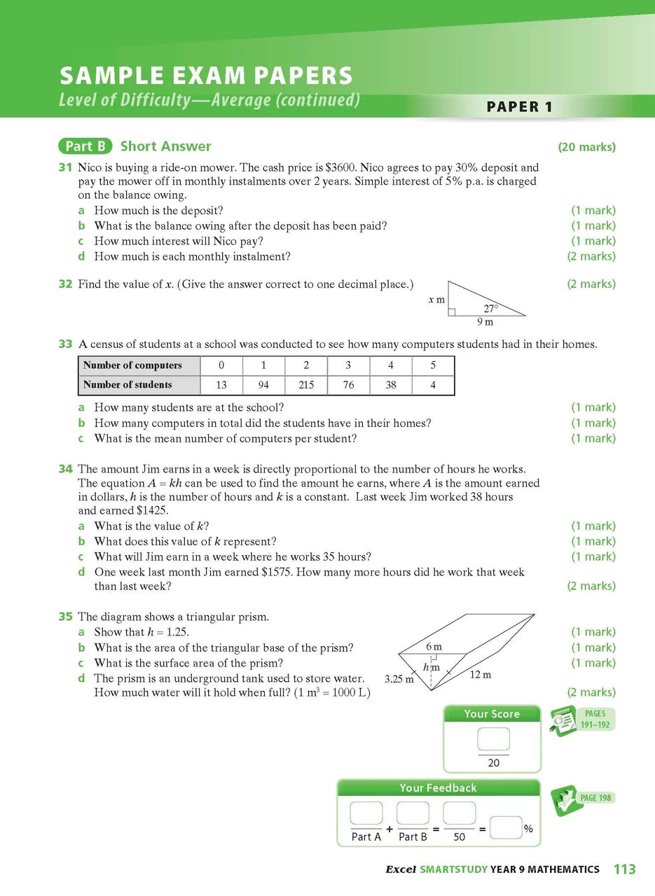 Sample interior page from the Excel SmartStudy Mathematics Year 9 workbook as shown in the Pascal Press gallery