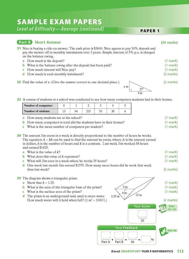 Sample interior page from the Excel SmartStudy Mathematics Year 9 workbook as shown in the Pascal Press gallery