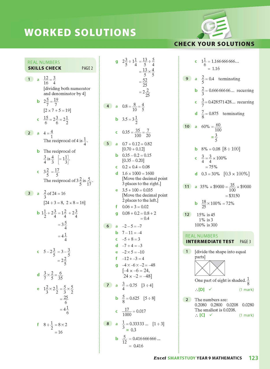 Sample interior page from the Excel SmartStudy Mathematics Year 9 workbook as shown in the Pascal Press gallery