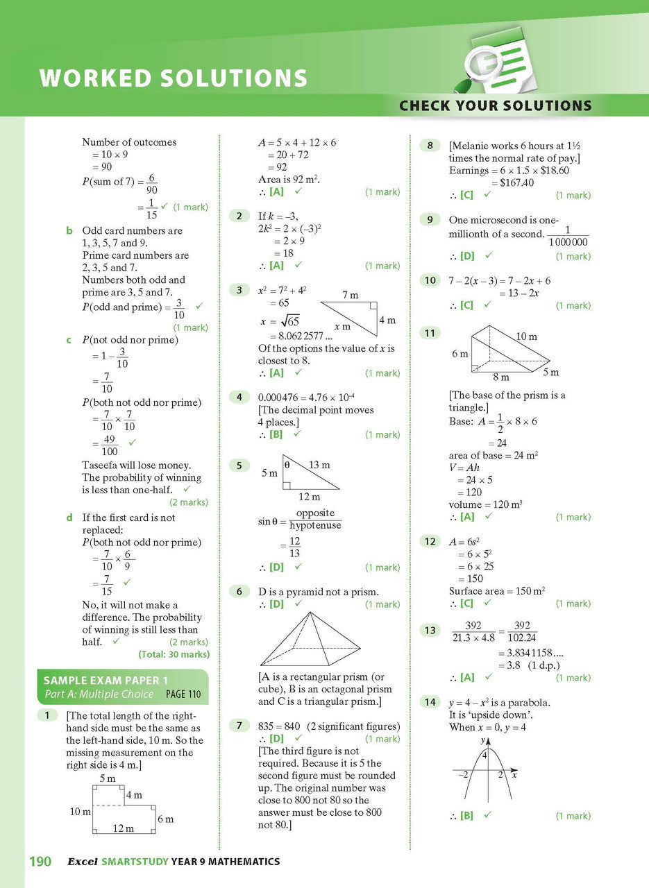 Sample interior page from the Excel SmartStudy Mathematics Year 9 workbook as shown in the Pascal Press gallery