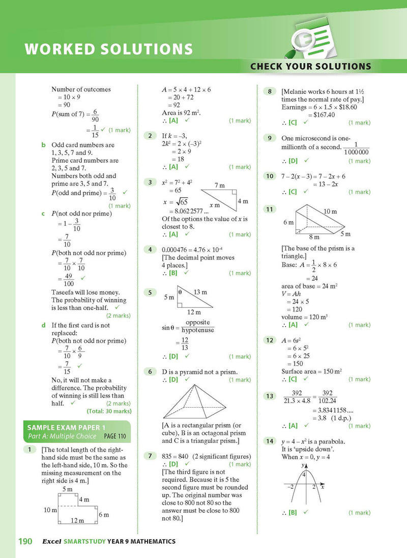 Sample interior page from the Excel SmartStudy Mathematics Year 9 workbook as shown in the Pascal Press gallery