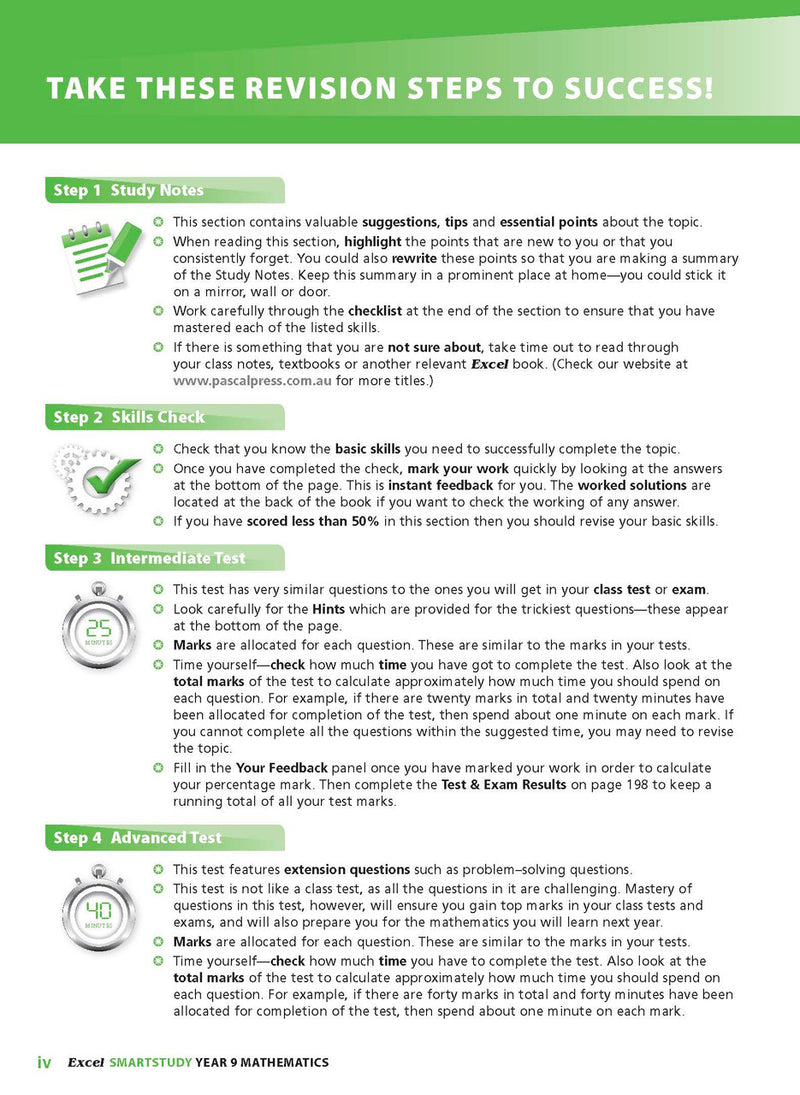 Sample interior page from the Excel SmartStudy Mathematics Year 9 workbook as shown in the Pascal Press gallery