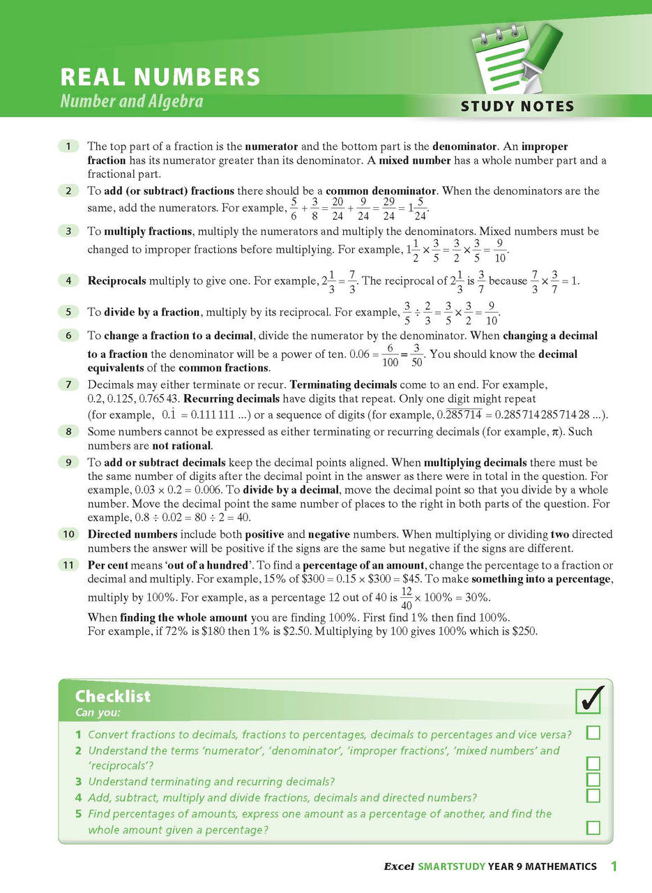 Sample interior page from the Excel SmartStudy Mathematics Year 9 workbook as shown in the Pascal Press gallery