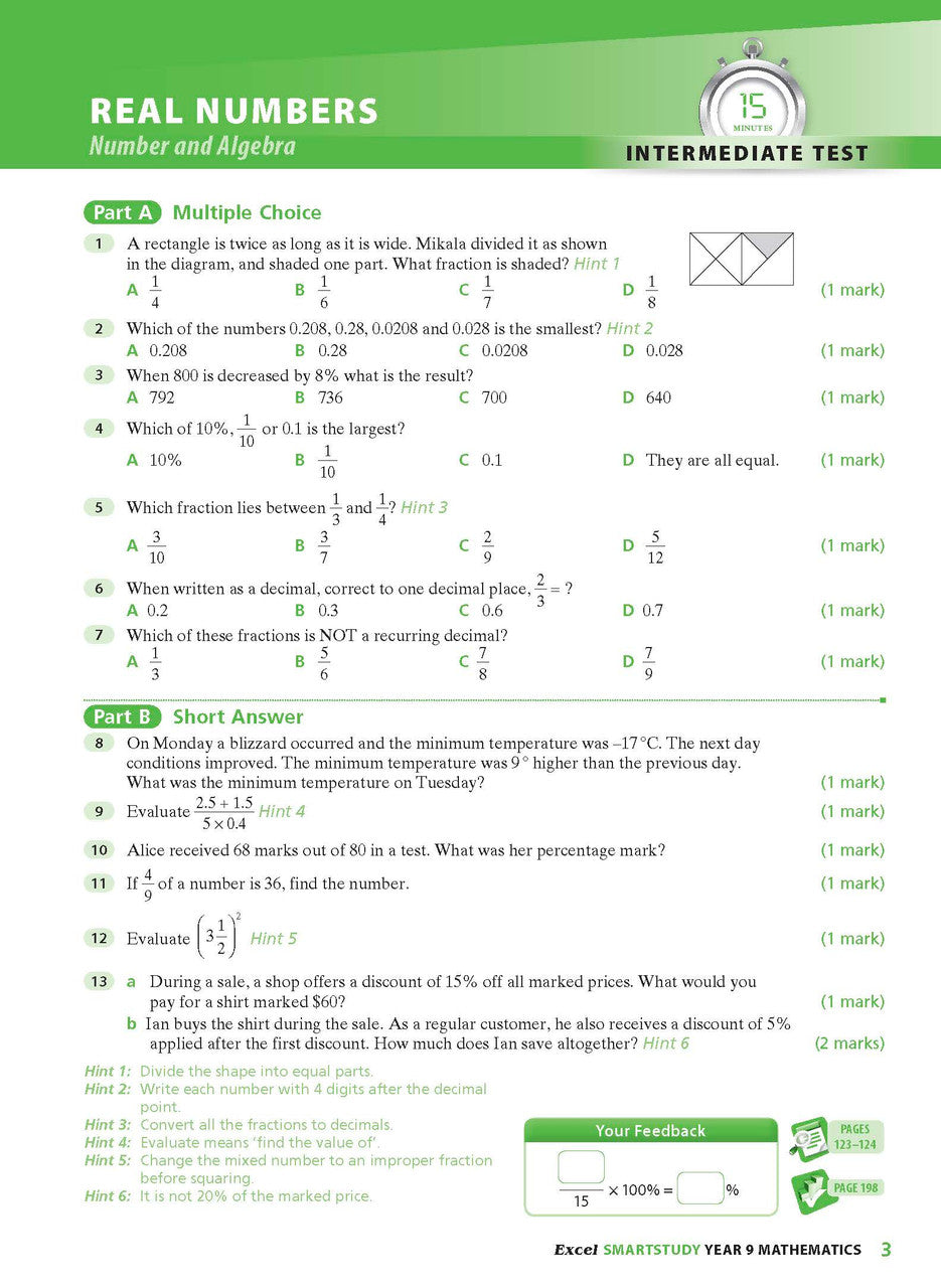 Sample interior page from the Excel SmartStudy Mathematics Year 9 workbook as shown in the Pascal Press gallery