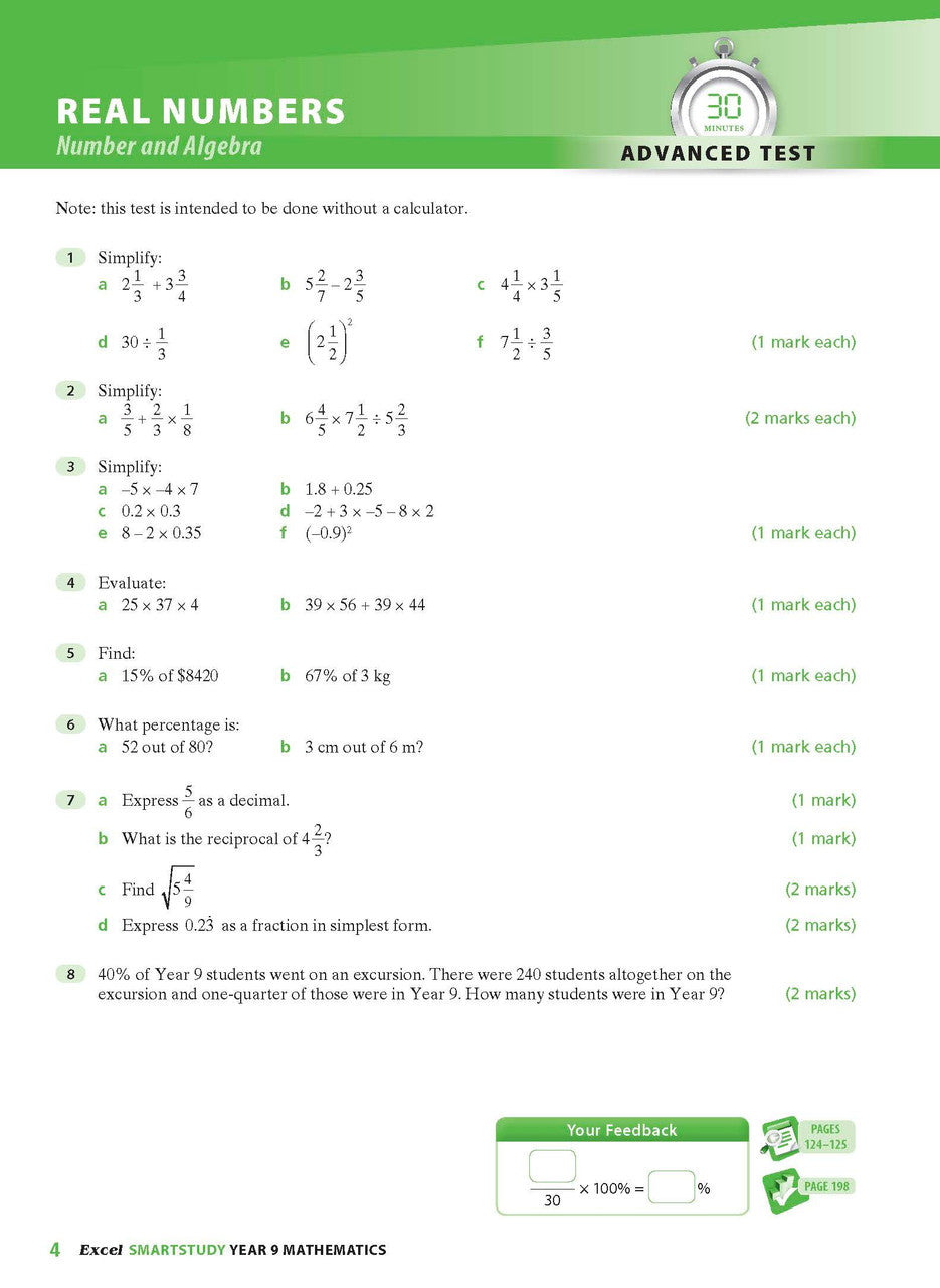 Sample interior page from the Excel SmartStudy Mathematics Year 9 workbook as shown in the Pascal Press gallery