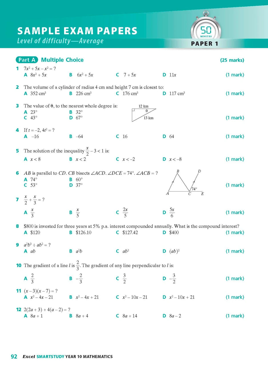 Sample interior page from the Excel SmartStudy Mathematics Year 10 book as shown in the Pascal Press product gallery
