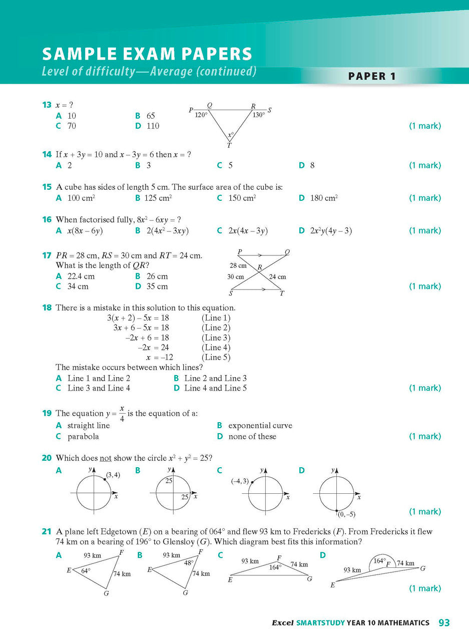 Sample interior page from the Excel SmartStudy Mathematics Year 10 book as shown in the Pascal Press product gallery