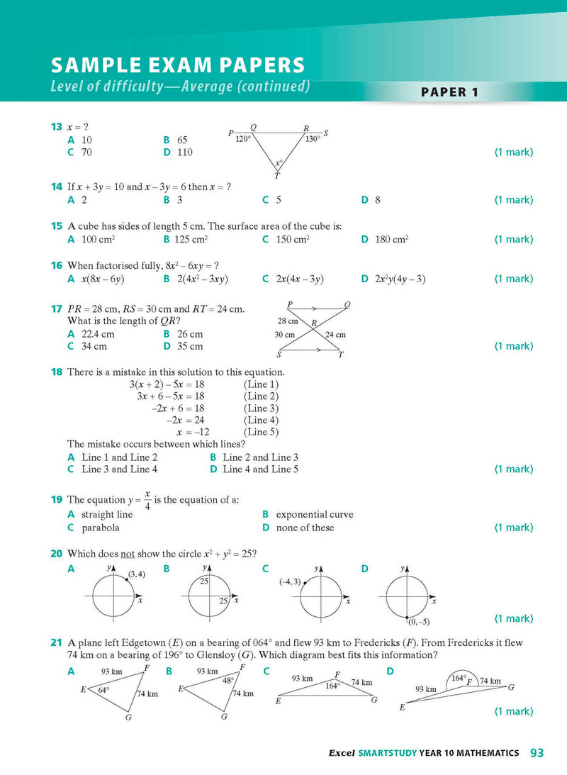 Sample interior page from the Excel SmartStudy Mathematics Year 10 book as shown in the Pascal Press product gallery