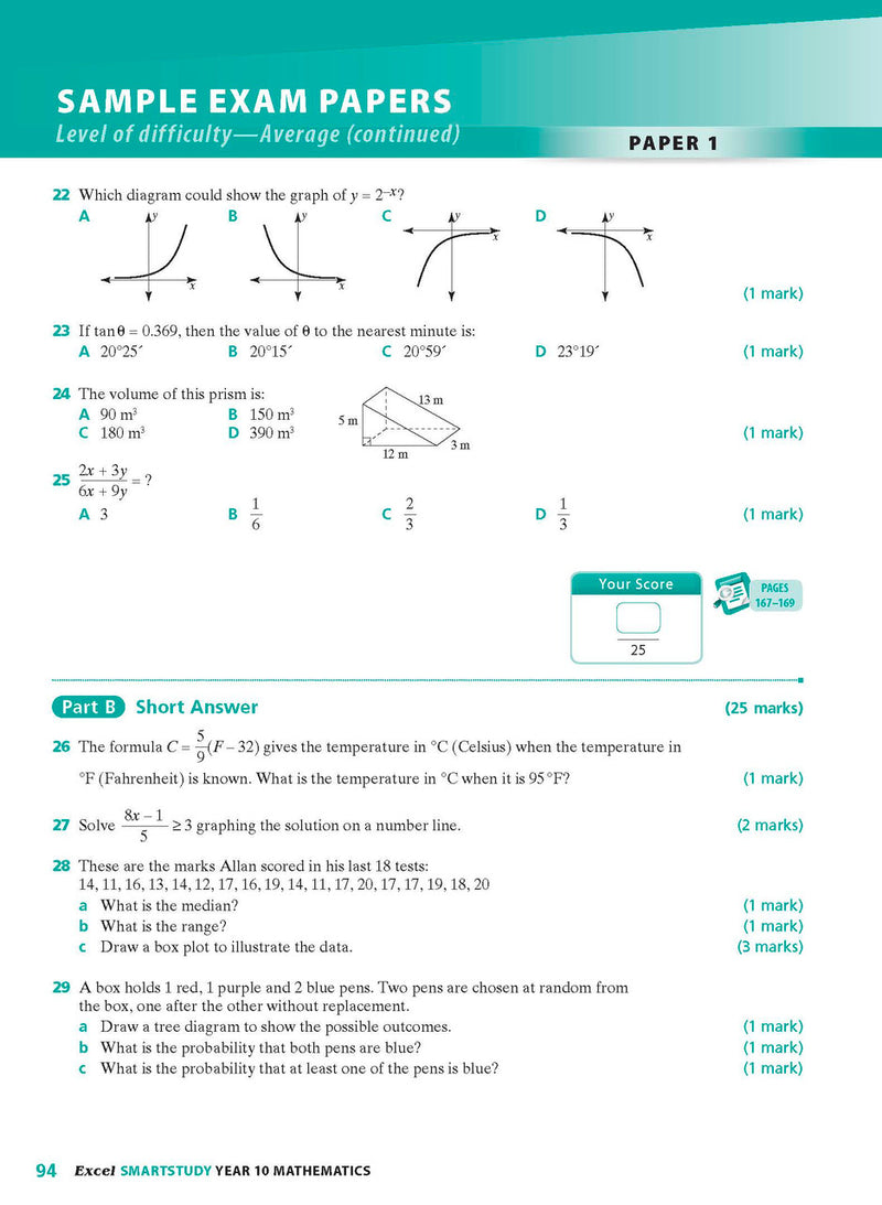 Sample interior page from the Excel SmartStudy Mathematics Year 10 book as shown in the Pascal Press product gallery