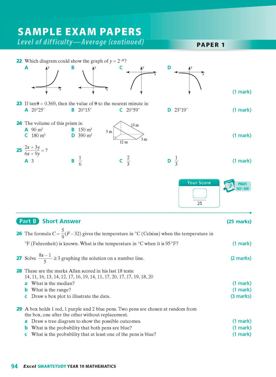 Sample interior page from the Excel SmartStudy Mathematics Year 10 book as shown in the Pascal Press product gallery