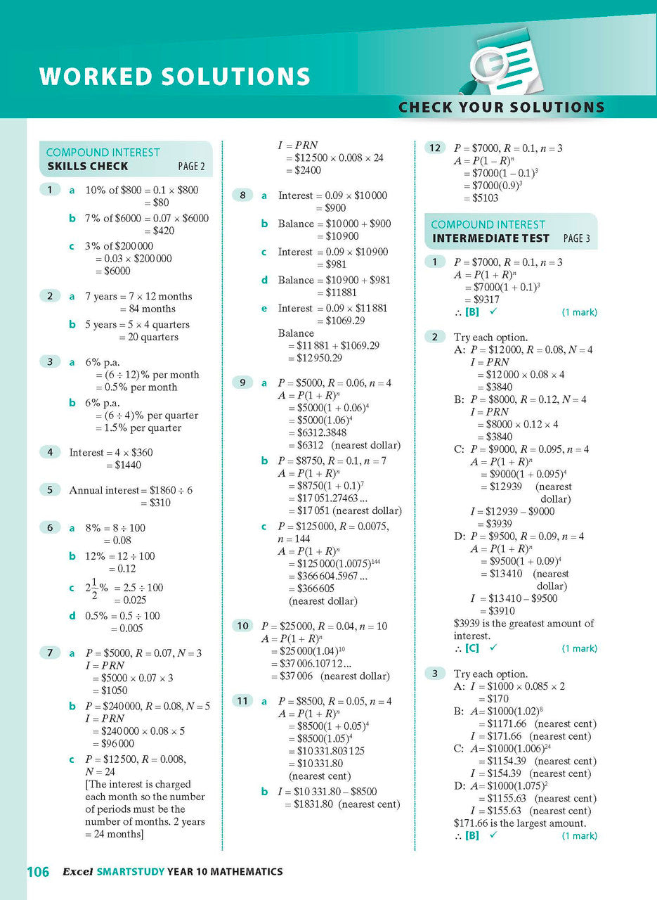 Sample interior page from the Excel SmartStudy Mathematics Year 10 book as shown in the Pascal Press product gallery