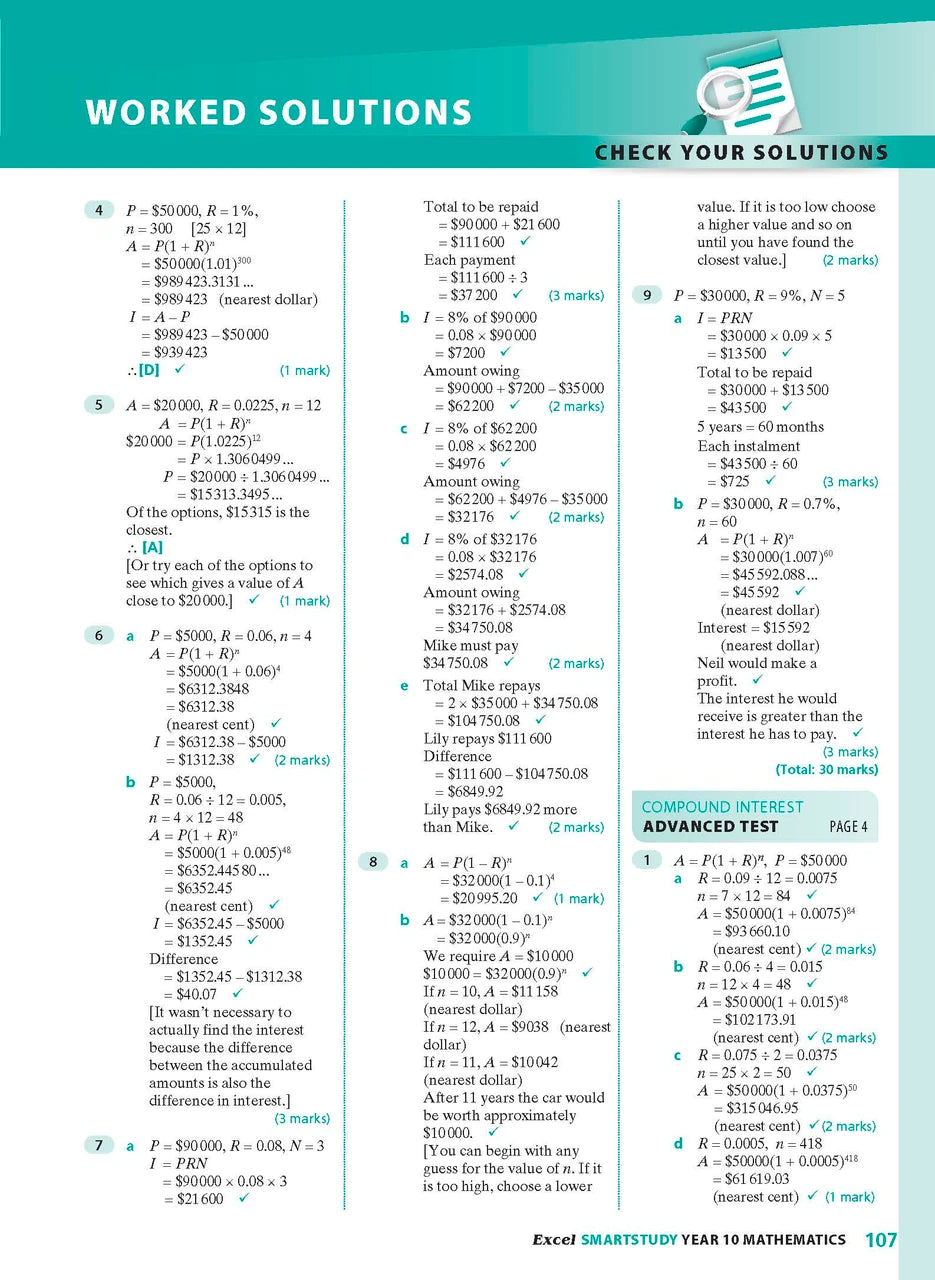 Sample interior page from the Excel SmartStudy Mathematics Year 10 book as shown in the Pascal Press product gallery