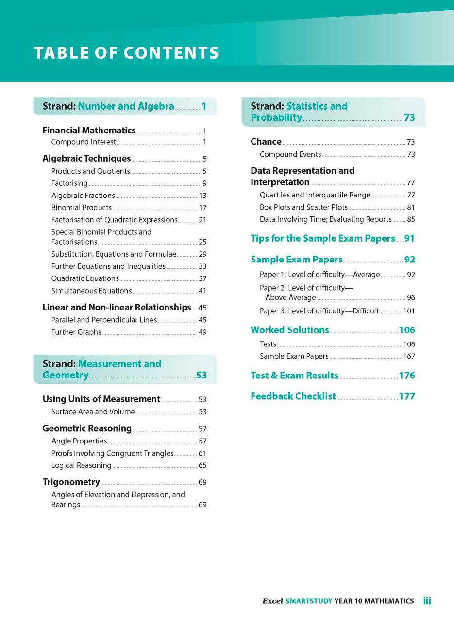 Sample interior page from the Excel SmartStudy Mathematics Year 10 book as shown in the Pascal Press product gallery