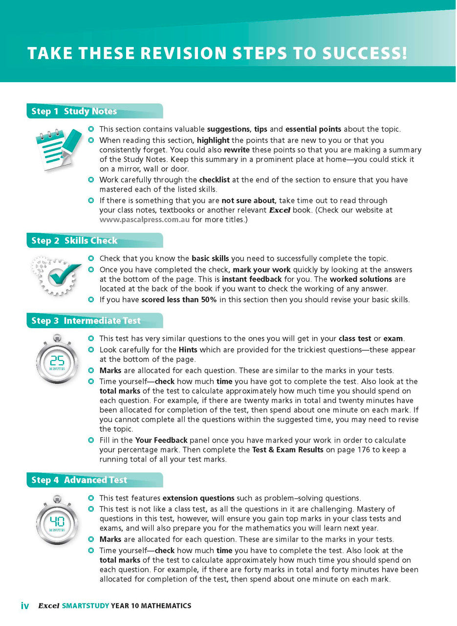 Sample interior page from the Excel SmartStudy Mathematics Year 10 book as shown in the Pascal Press product gallery