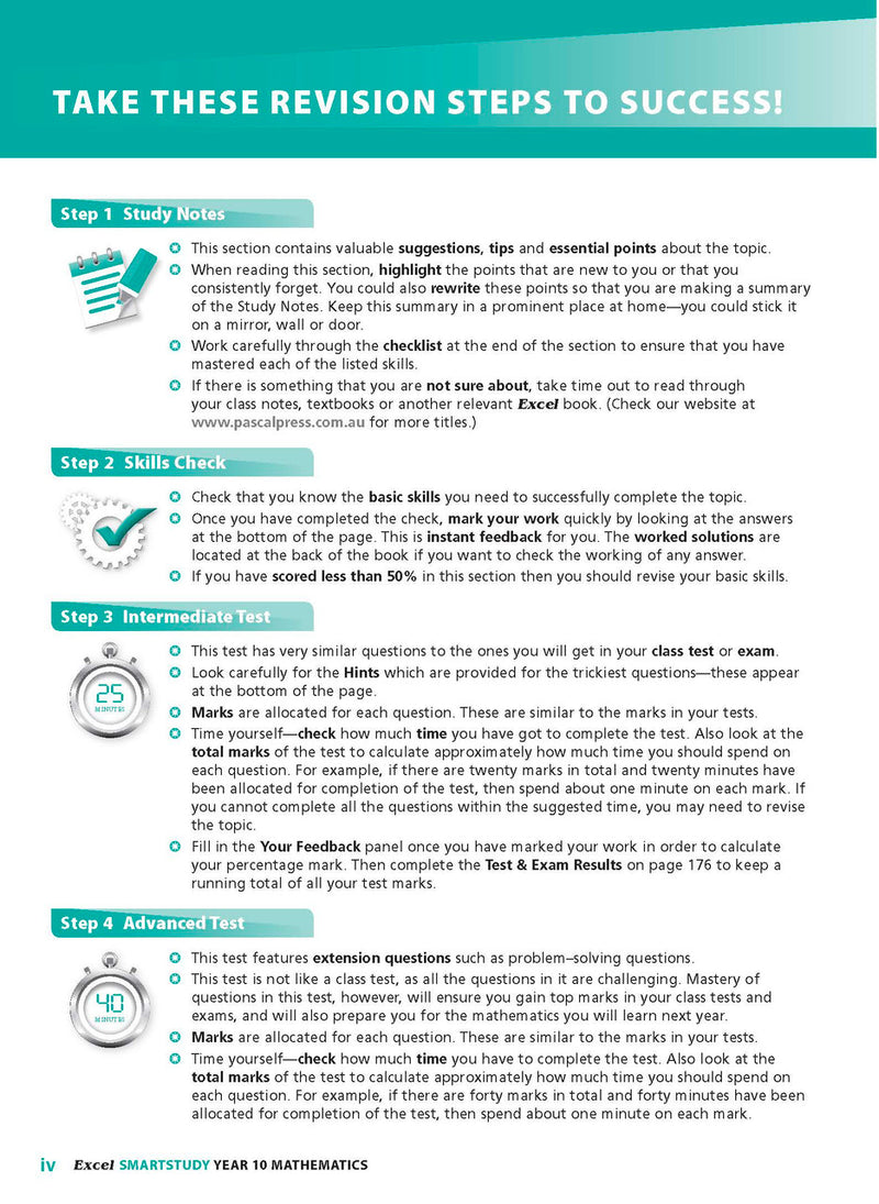 Sample interior page from the Excel SmartStudy Mathematics Year 10 book as shown in the Pascal Press product gallery