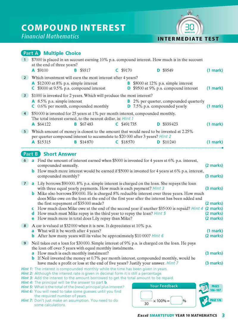 Sample interior page from the Excel SmartStudy Mathematics Year 10 book as shown in the Pascal Press product gallery
