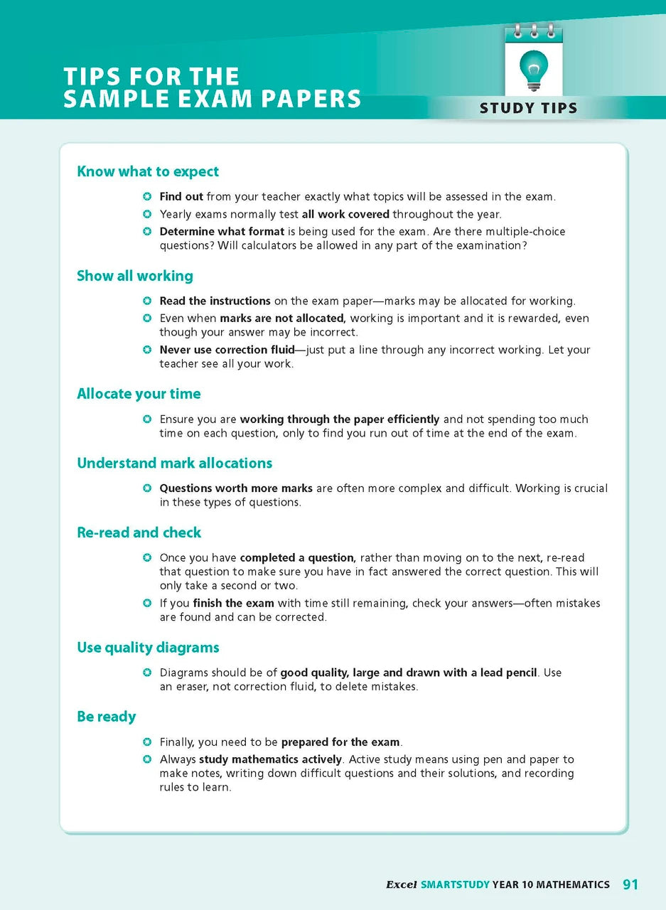 Sample interior page from the Excel SmartStudy Mathematics Year 10 book as shown in the Pascal Press product gallery