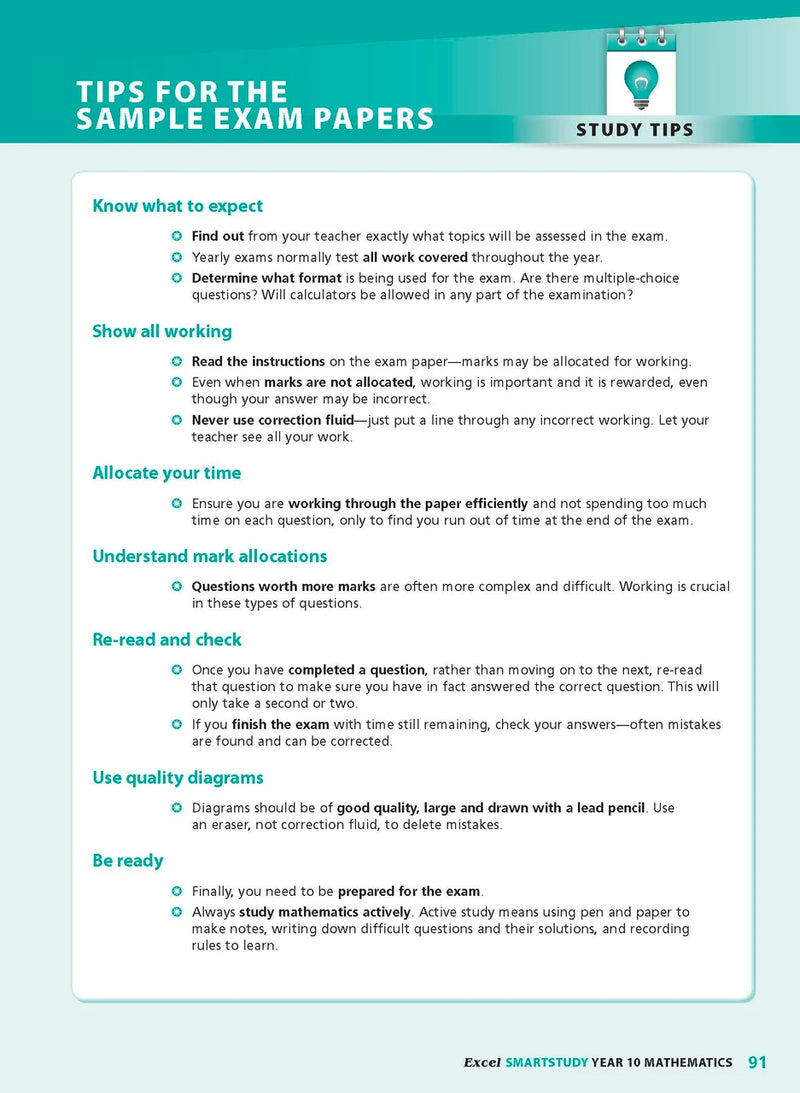 Sample interior page from the Excel SmartStudy Mathematics Year 10 book as shown in the Pascal Press product gallery