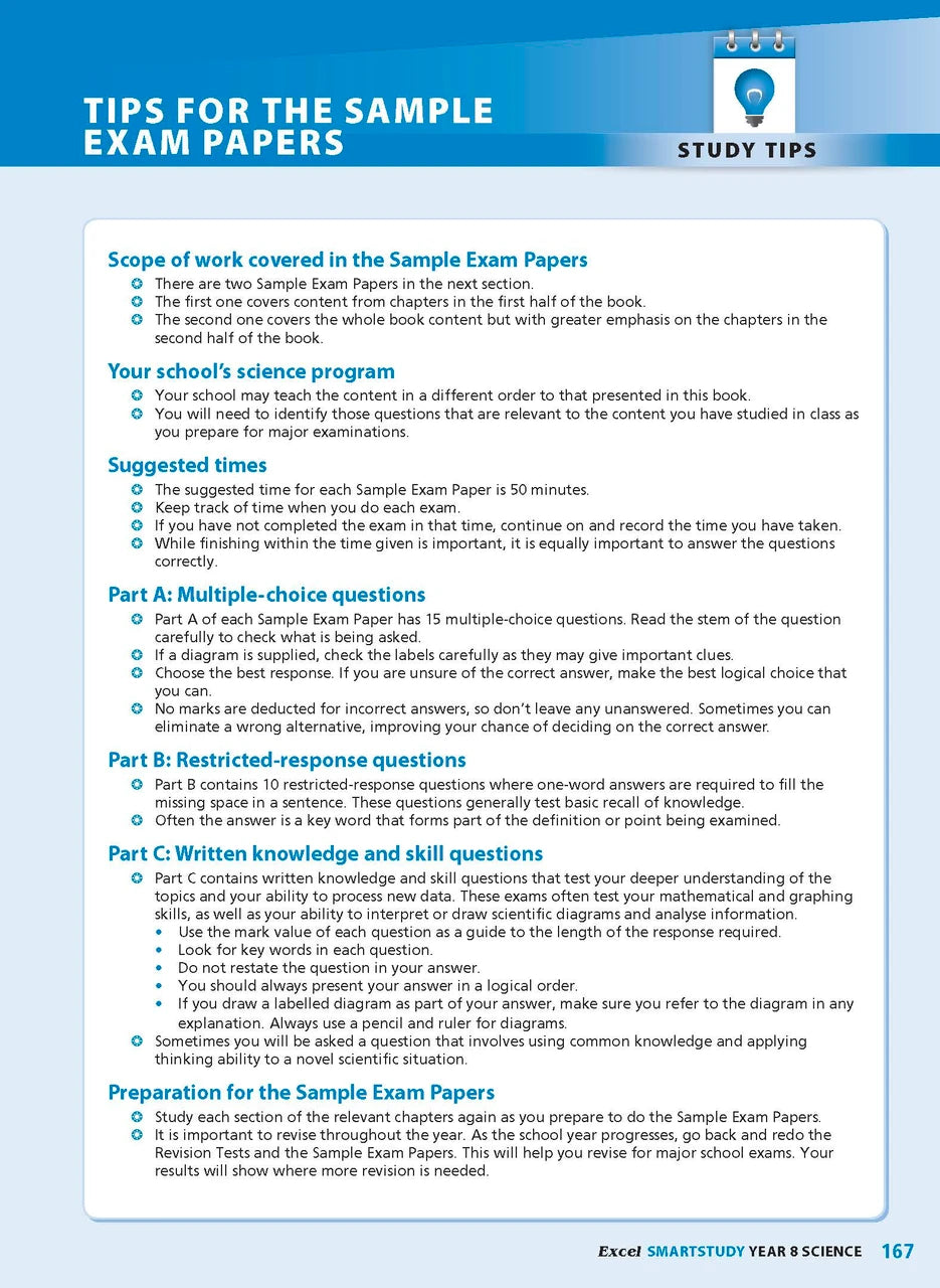 Sample interior page from the Excel SmartStudy Science Year 8 book as shown in the Pascal Press product gallery