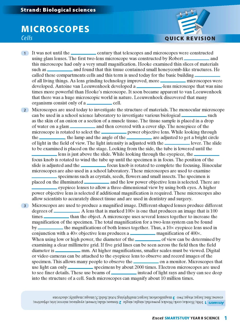 Sample interior page from the Excel SmartStudy Science Year 8 book as shown in the Pascal Press product gallery