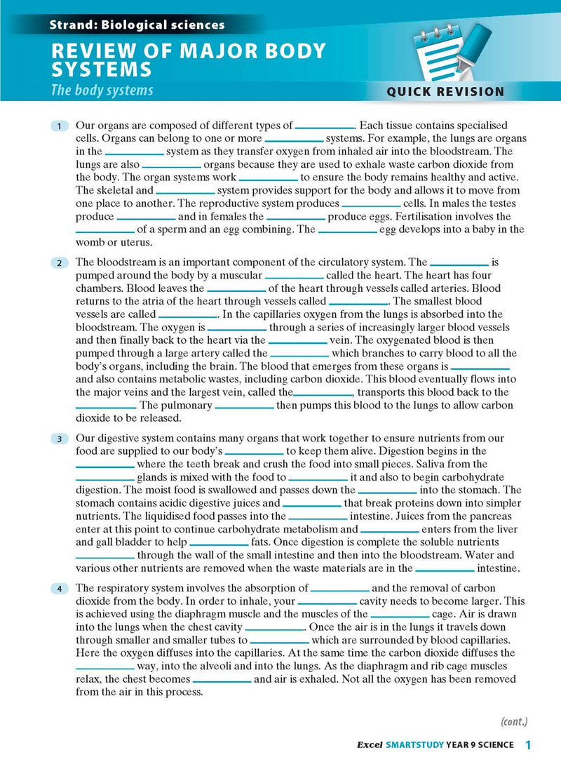 Sample interior page from the Excel SmartStudy Science Year 9 book as shown in the Pascal Press product gallery