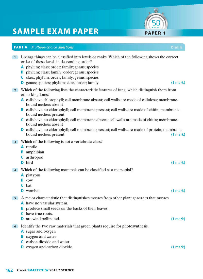 Sample interior page from the Excel SmartStudy Science Year 7 book as shown in the Pascal Press product gallery