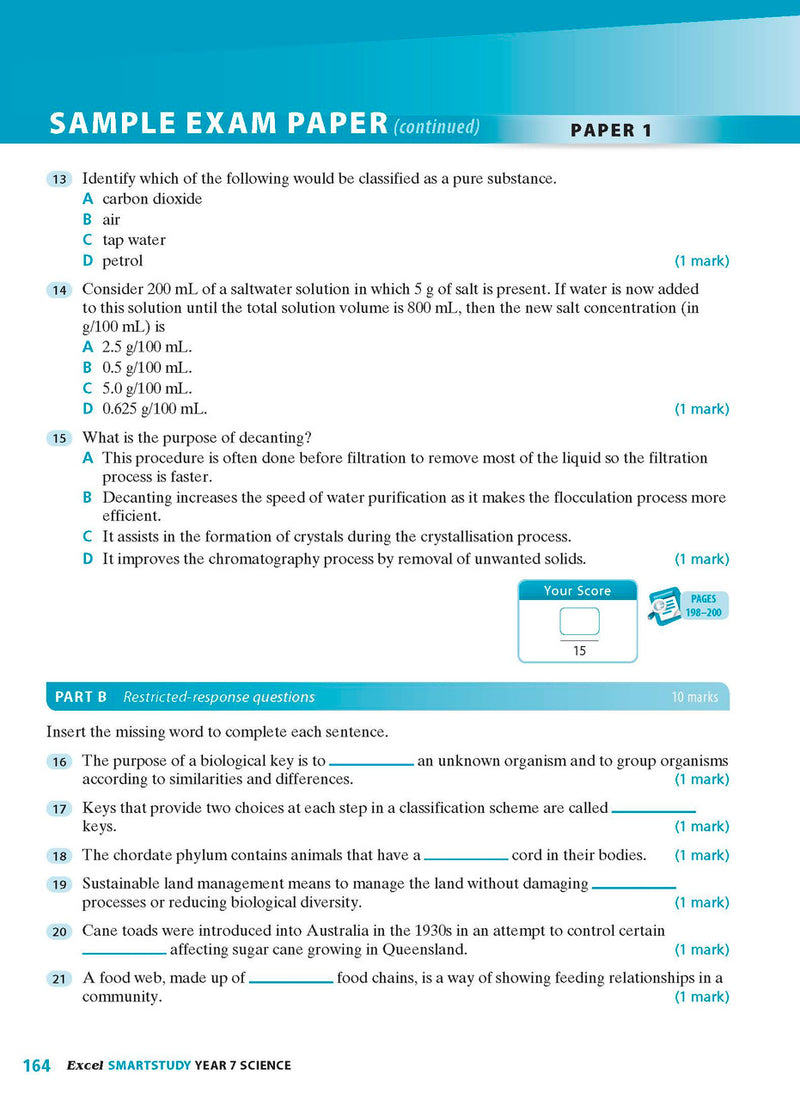 Sample interior page from the Excel SmartStudy Science Year 7 book as shown in the Pascal Press product gallery