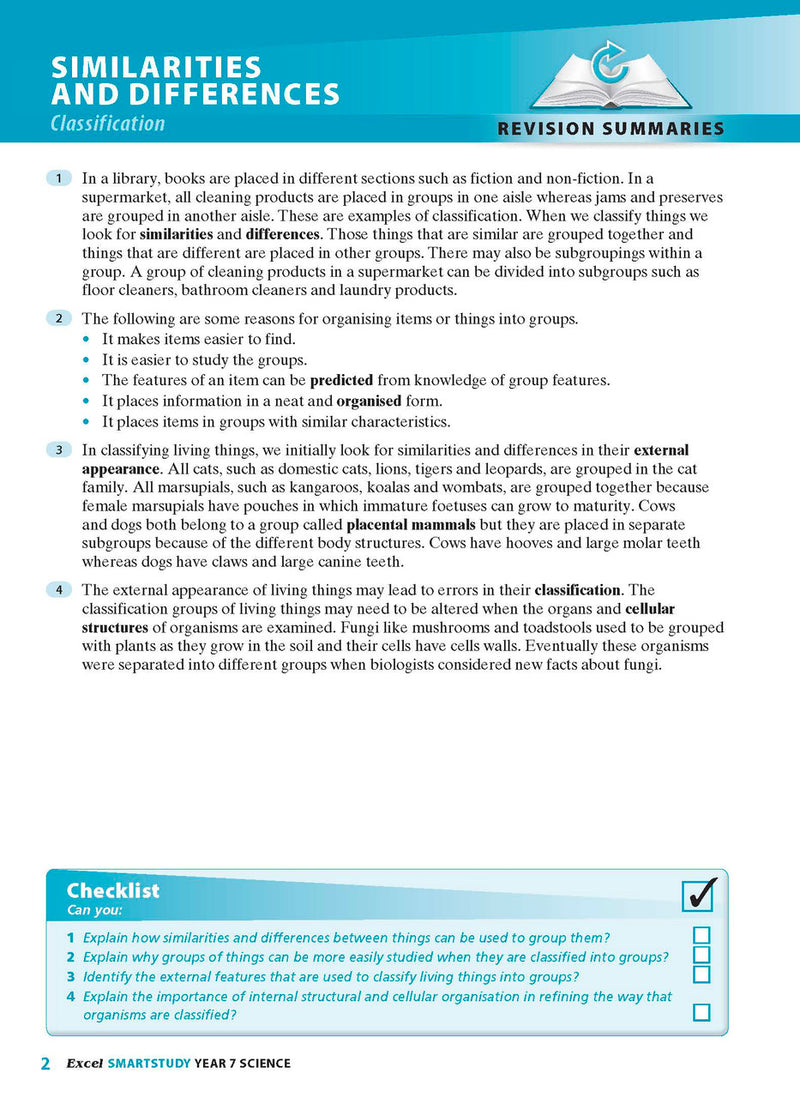 Sample interior page from the Excel SmartStudy Science Year 7 book as shown in the Pascal Press product gallery