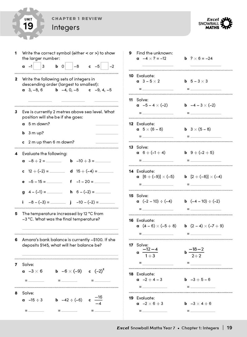 Sample interior page from the Excel Snowball Maths Year 7 book as shown in the Pascal Press product gallery