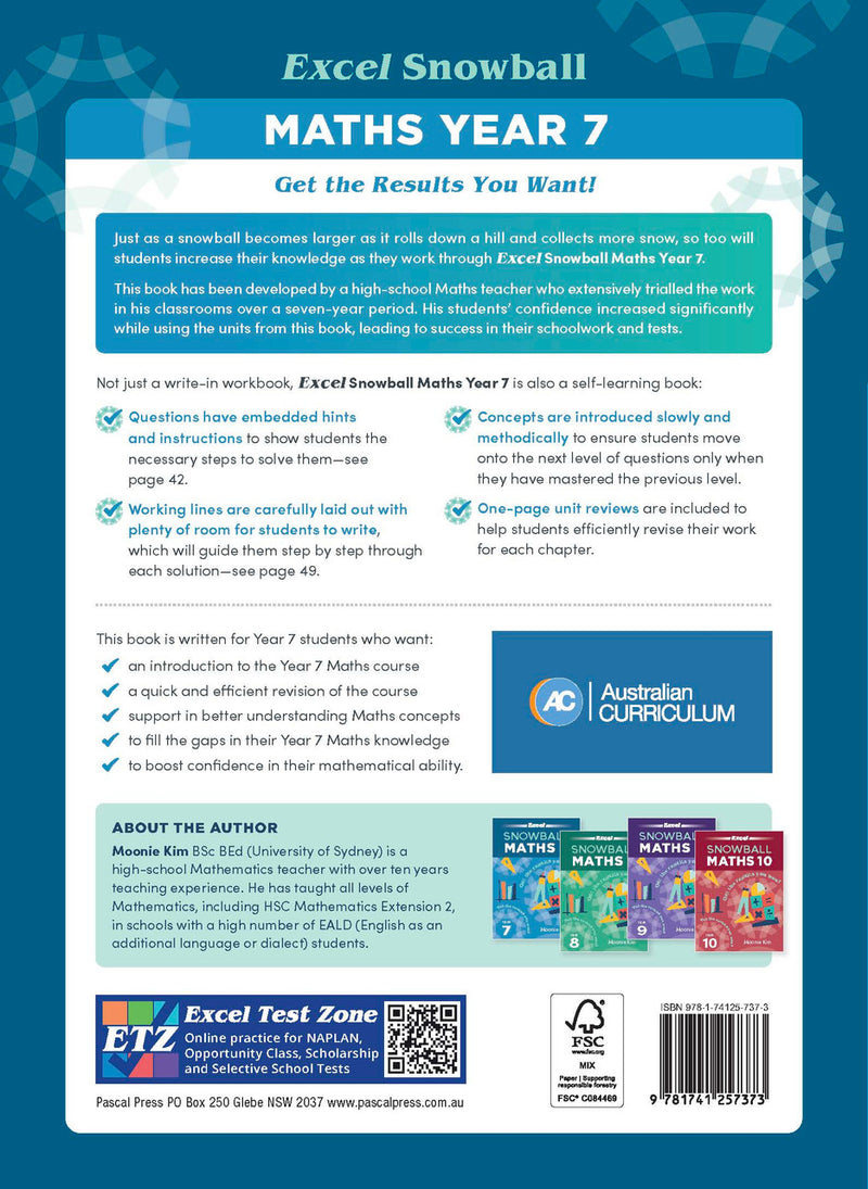 Back cover of the Excel Snowball Maths Year 7 book as shown in the Pascal Press product gallery