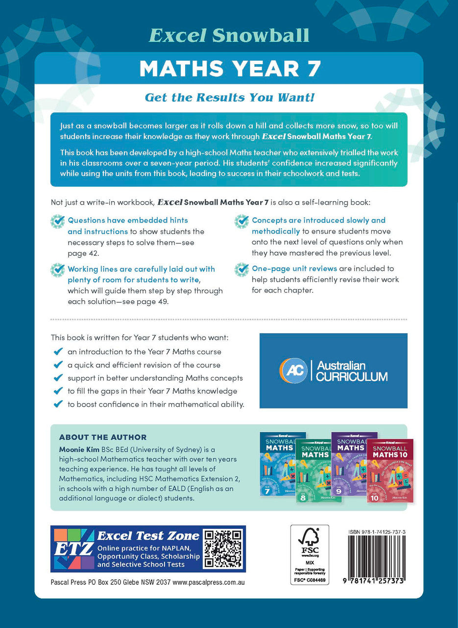 Back cover of the Excel Snowball Maths Year 7 book as shown in the Pascal Press product gallery