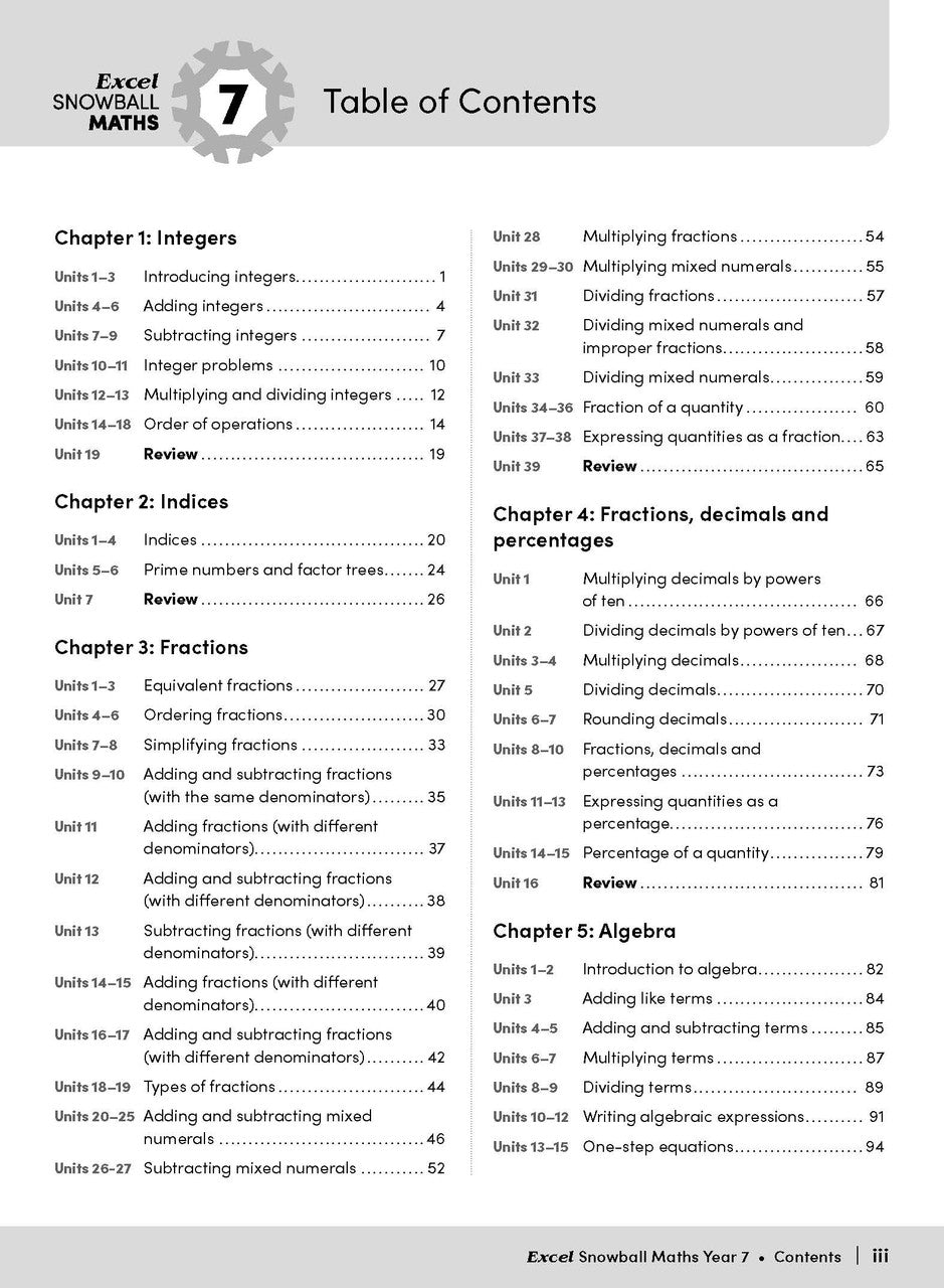 Opening page from the front matter of the Excel Snowball Maths Year 7 book as shown in the Pascal Press gallery