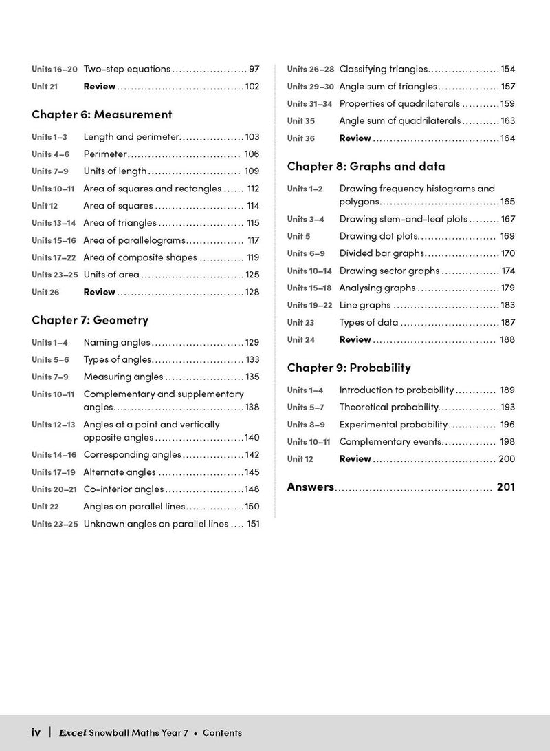 Opening page from the front matter of the Excel Snowball Maths Year 7 book as shown in the Pascal Press gallery