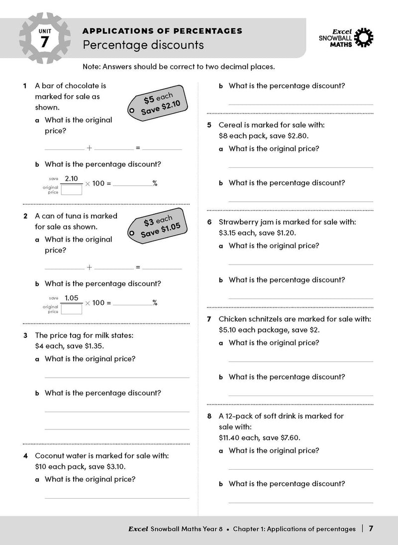 Sample interior page from the Excel Snowball Maths Year 8 book as shown in the Pascal Press product gallery