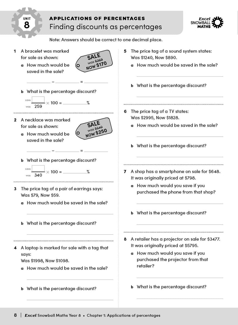 Sample interior page from the Excel Snowball Maths Year 8 book as shown in the Pascal Press product gallery