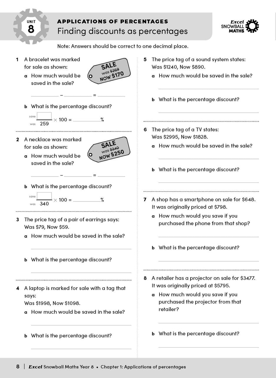 Sample interior page from the Excel Snowball Maths Year 8 book as shown in the Pascal Press product gallery