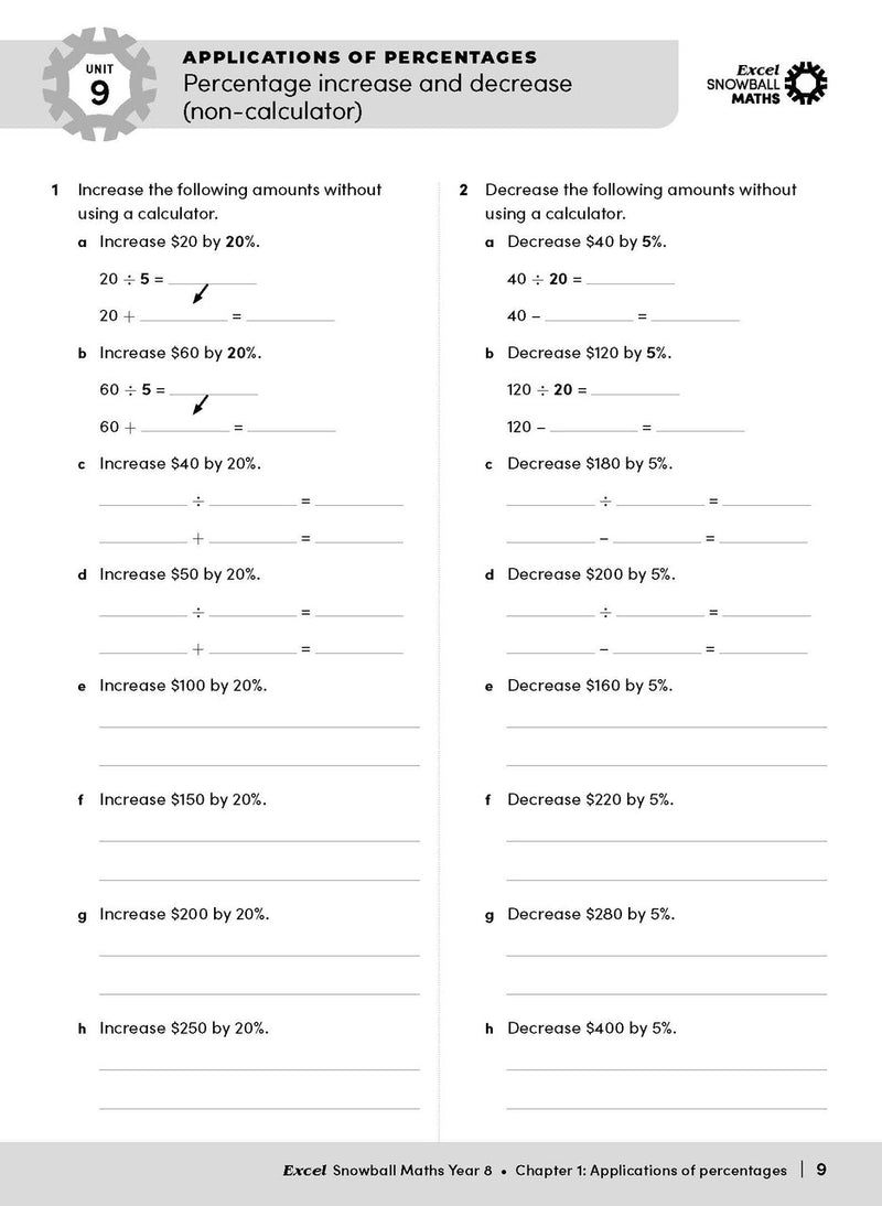 Sample interior page from the Excel Snowball Maths Year 8 book as shown in the Pascal Press product gallery