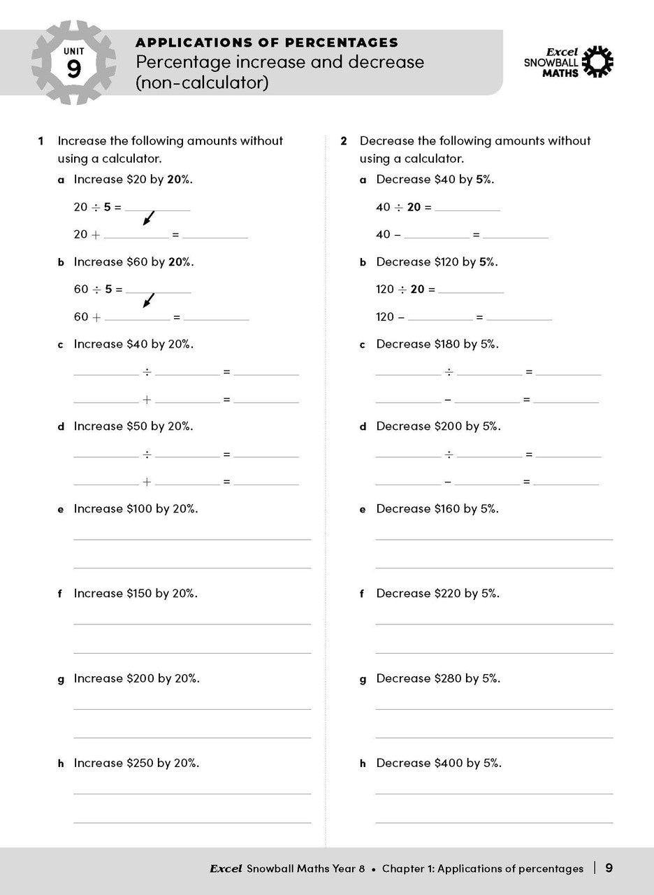Sample interior page from the Excel Snowball Maths Year 8 book as shown in the Pascal Press product gallery