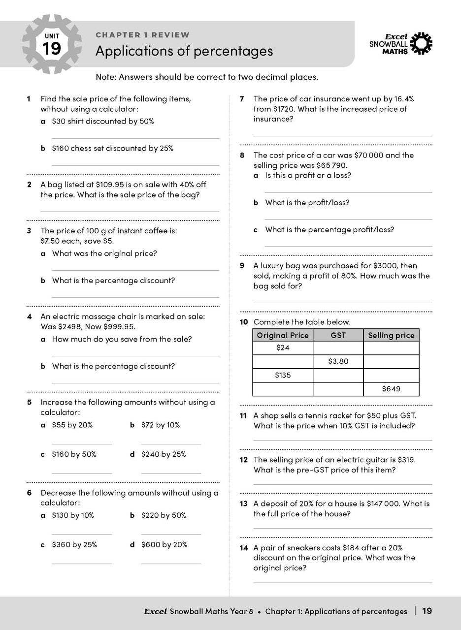 Sample interior page from the Excel Snowball Maths Year 8 book as shown in the Pascal Press product gallery