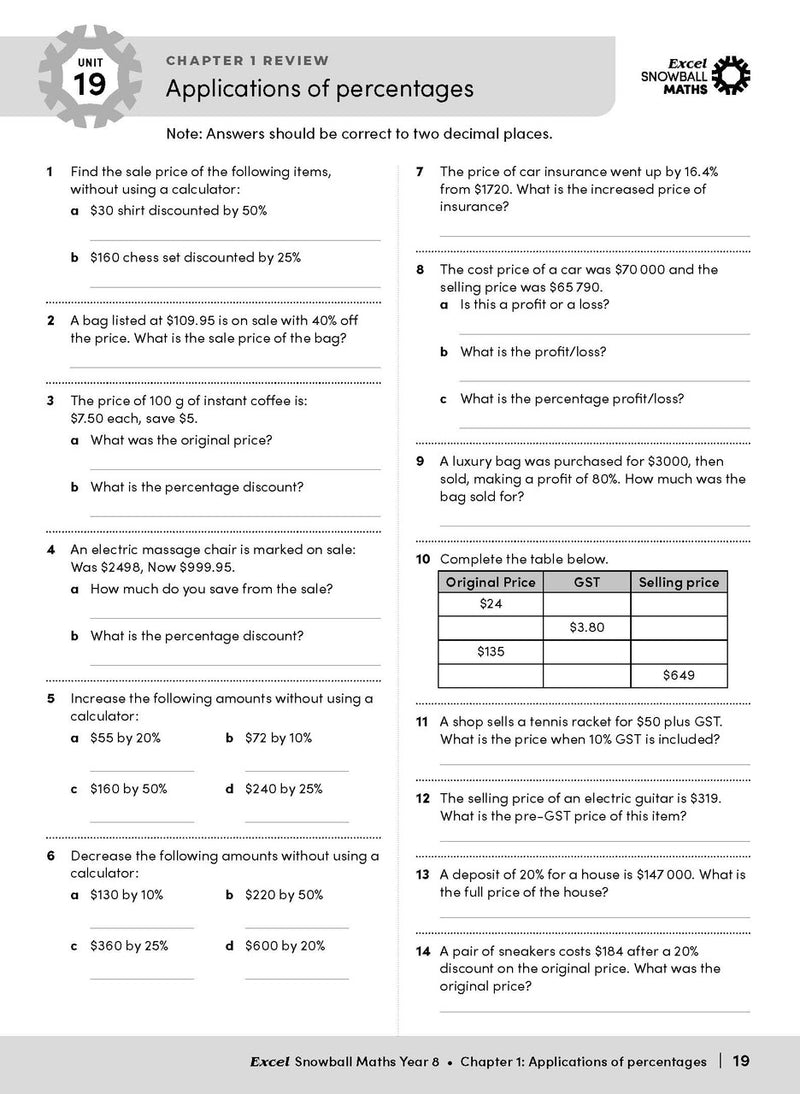 Sample interior page from the Excel Snowball Maths Year 8 book as shown in the Pascal Press product gallery