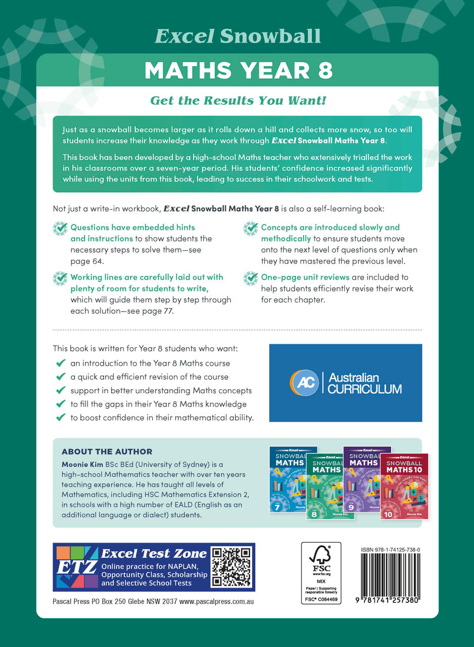 Sample interior page from the Excel Snowball Maths Year 8 book as shown in the Pascal Press product gallery