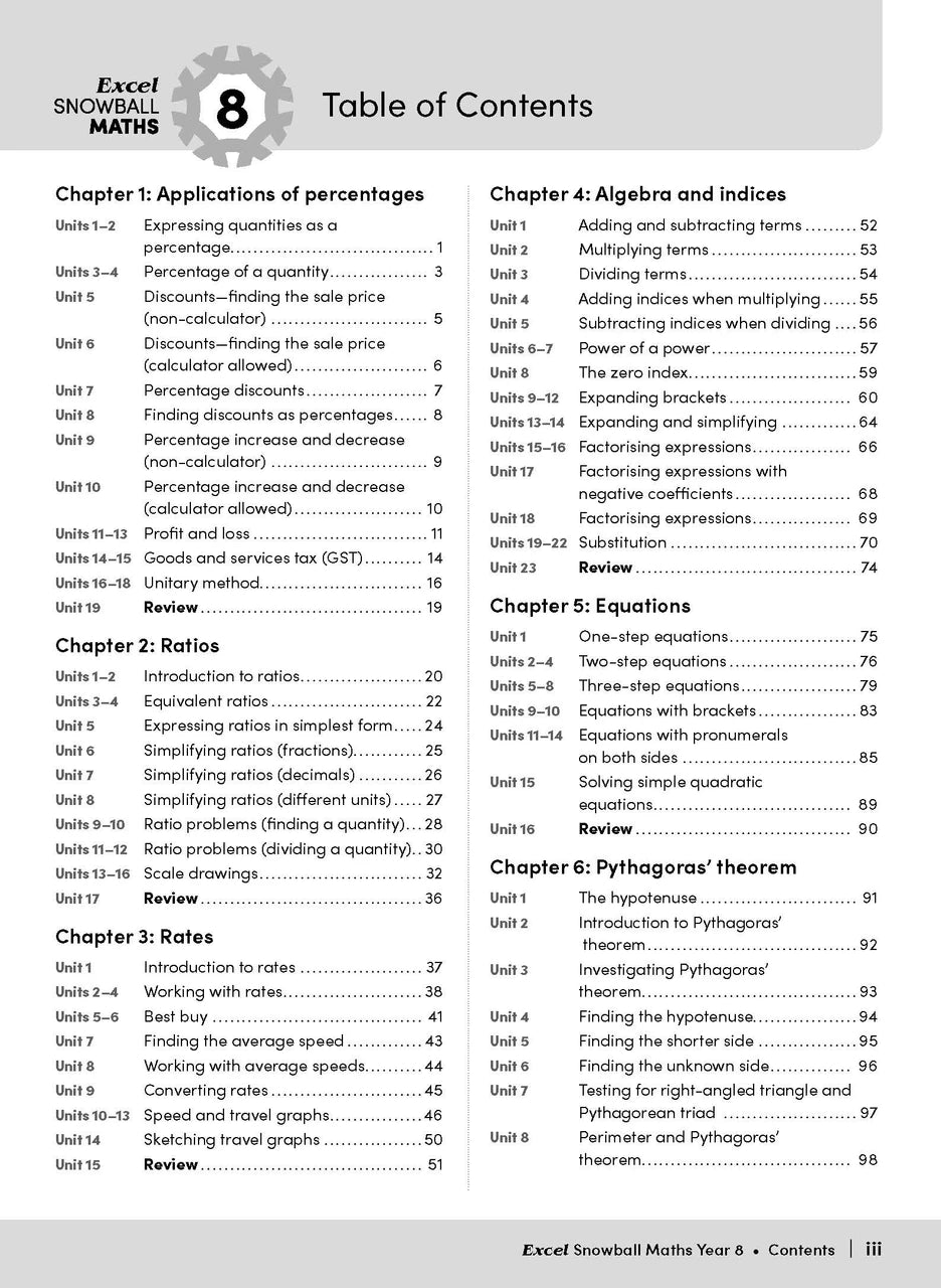 Sample interior page from the Excel Snowball Maths Year 8 book as shown in the Pascal Press product gallery