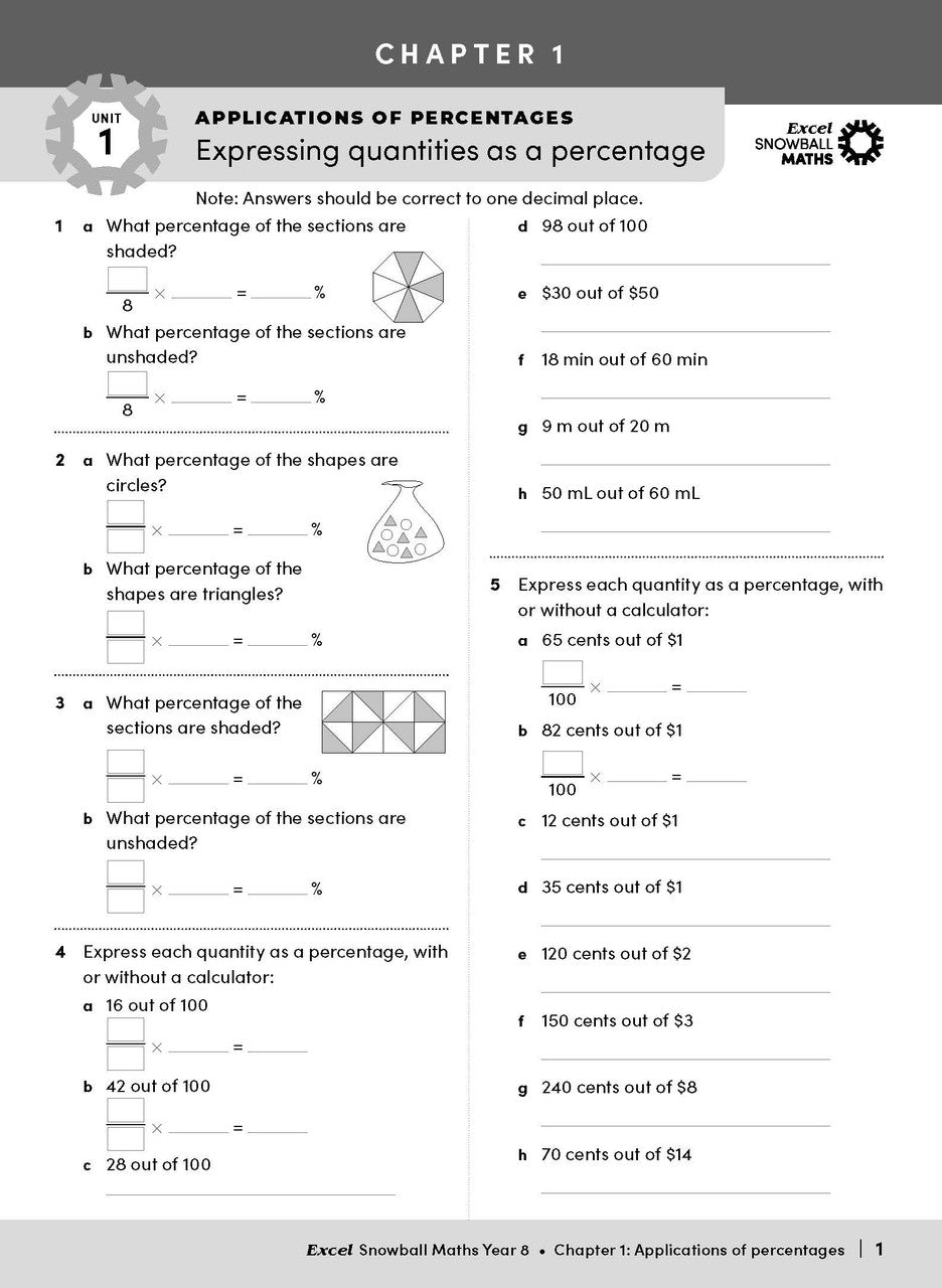 Sample interior page from the Excel Snowball Maths Year 8 book as shown in the Pascal Press product gallery