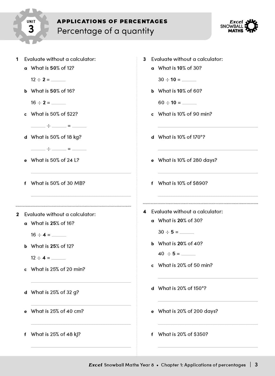 Sample interior page from the Excel Snowball Maths Year 8 book as shown in the Pascal Press product gallery