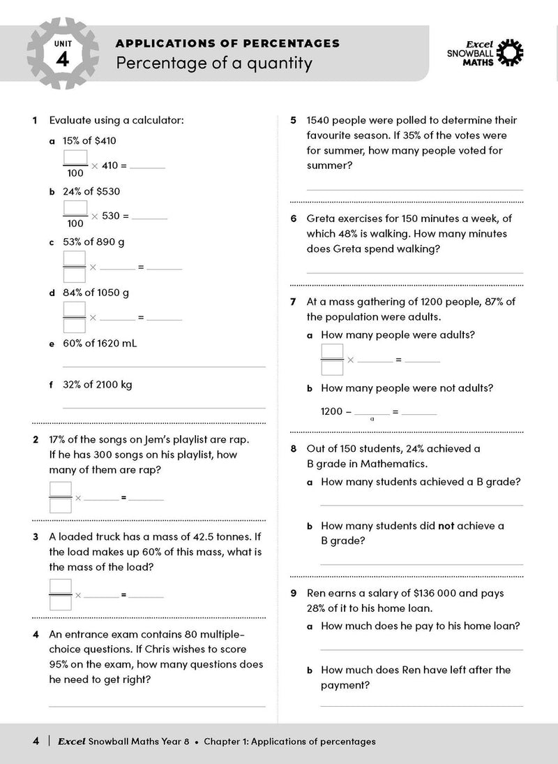 Sample interior page from the Excel Snowball Maths Year 8 book as shown in the Pascal Press product gallery