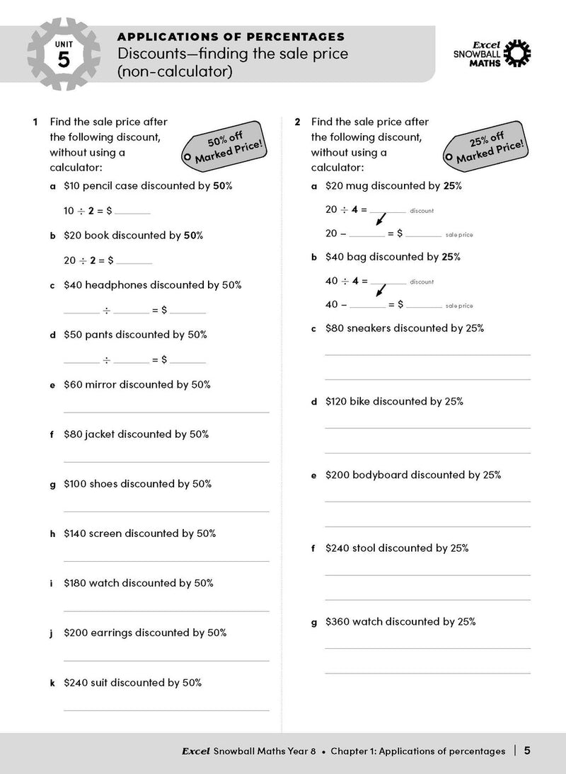 Sample interior page from the Excel Snowball Maths Year 8 book as shown in the Pascal Press product gallery