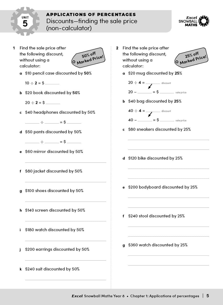 Sample interior page from the Excel Snowball Maths Year 8 book as shown in the Pascal Press product gallery
