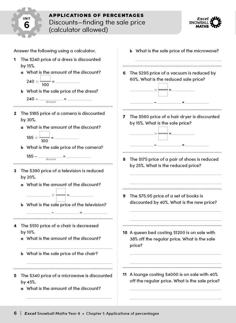 Sample interior page from the Excel Snowball Maths Year 8 book as shown in the Pascal Press product gallery