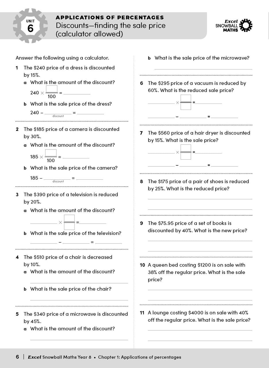 Sample interior page from the Excel Snowball Maths Year 8 book as shown in the Pascal Press product gallery